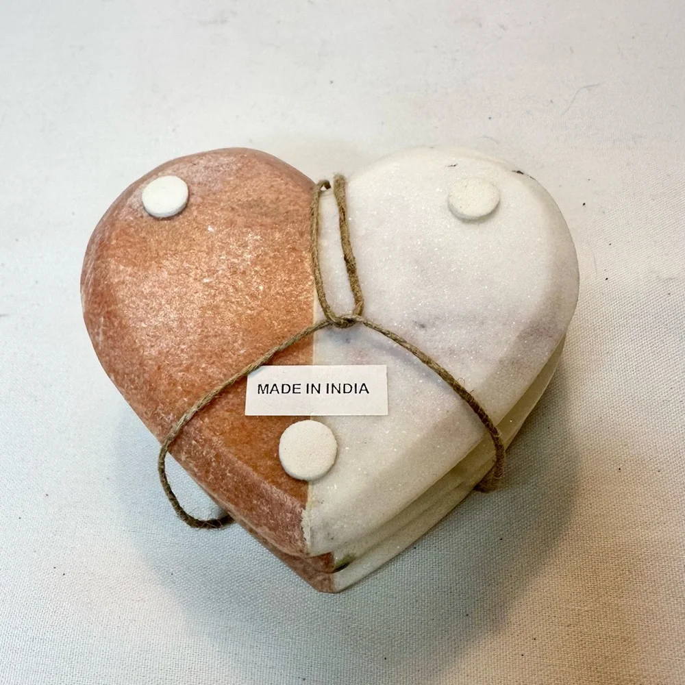 New 4 PC SET Natural Stone Orange Marble Heart Coasters With Brass Inlay - INDIA